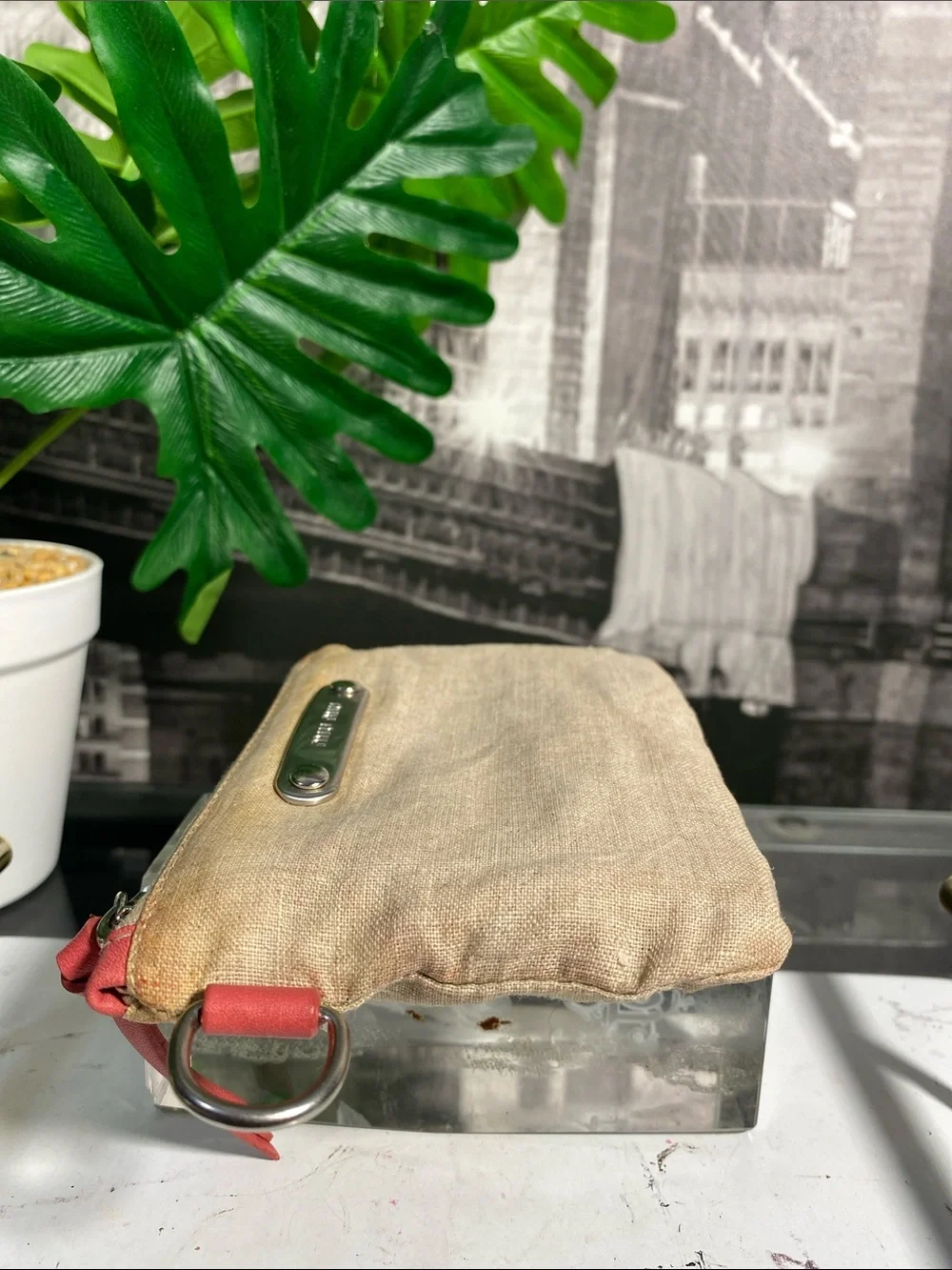 Authentic Miu Miu Beige Linen Pouch with Coral Trim
